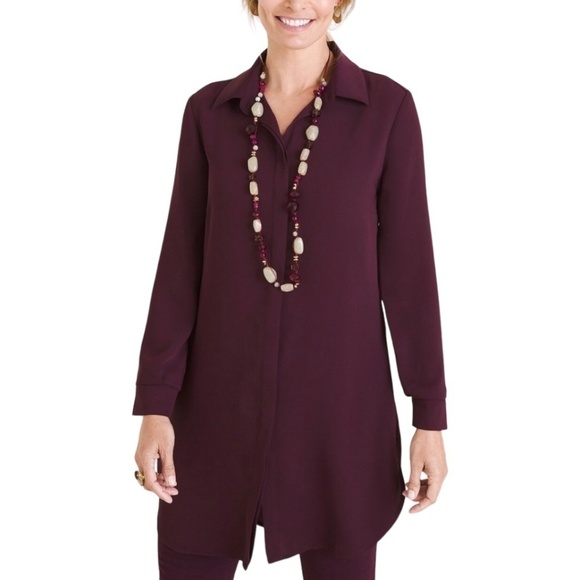CHICO’S Long Sleeve Relaxed Fit Burgundy Tunic Blouse with Back Pleats US Sz S - Picture 1 of 10
